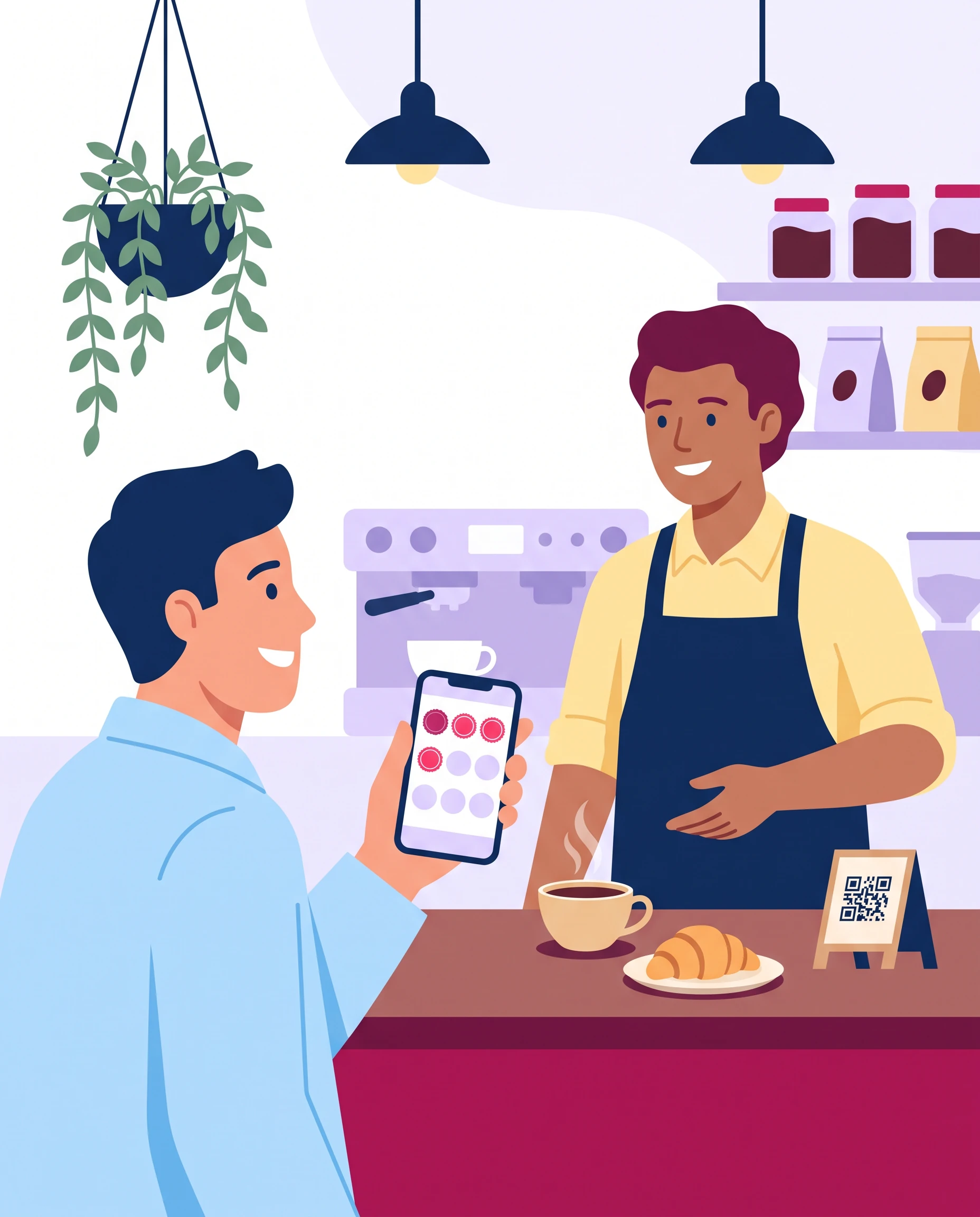 Un cliente muestra su tarjeta de sellos en el celular a un barista en el mostrador de un café