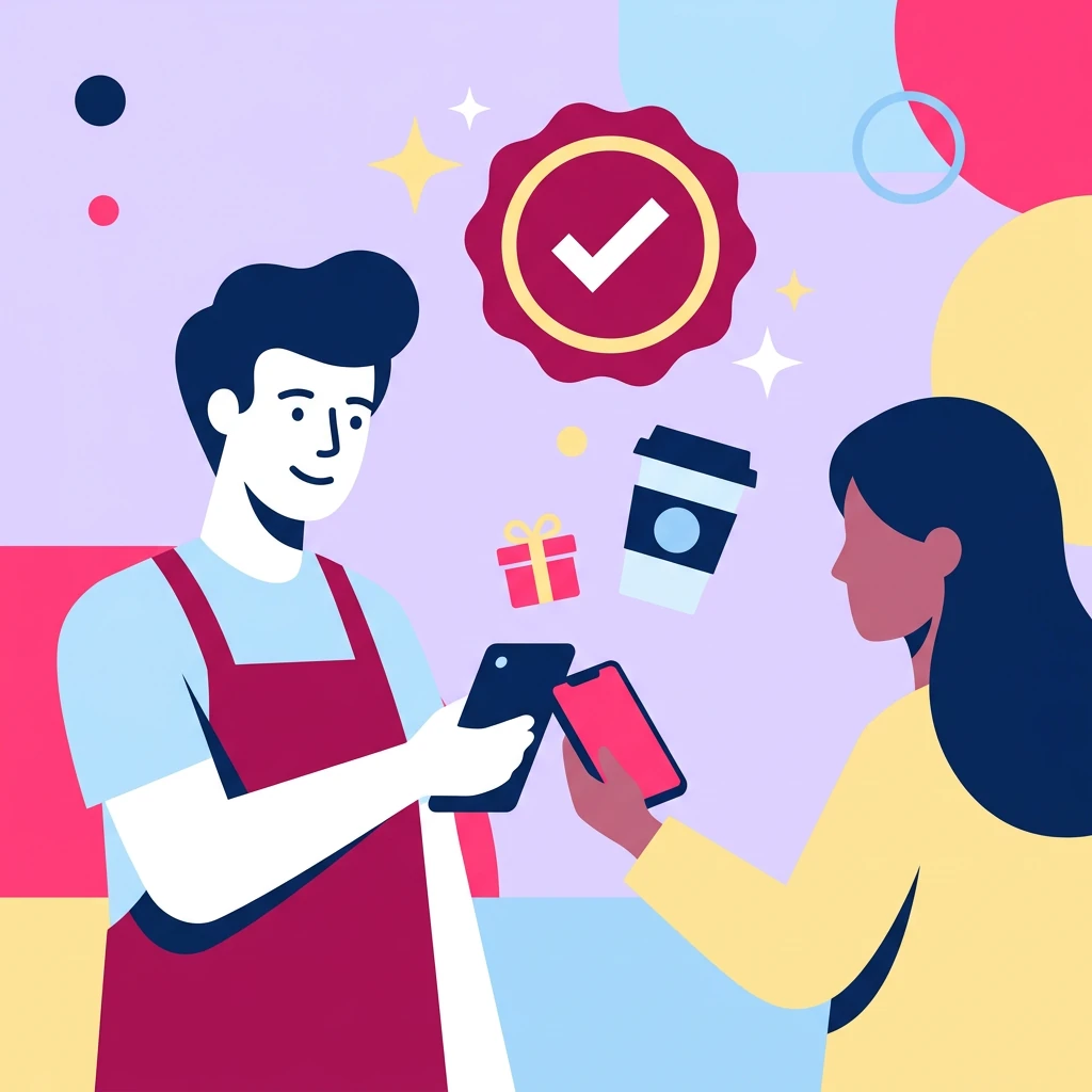 Barista registrando una compra en el celular de un cliente con un sello de verificación